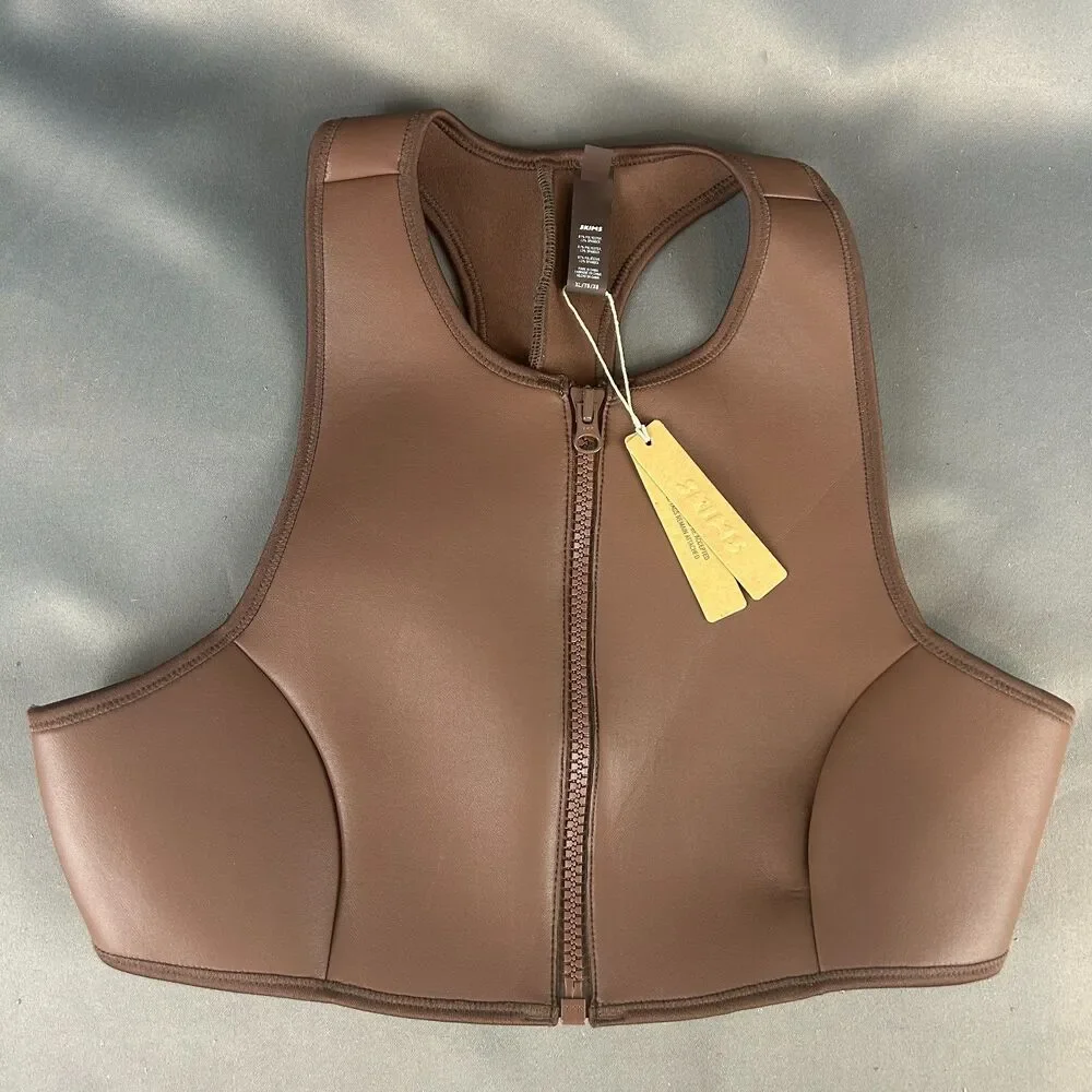 Skims Rubberized Scuba Swim Front-Zip High Neck Bikini Top Cocoa Brown XL NWT